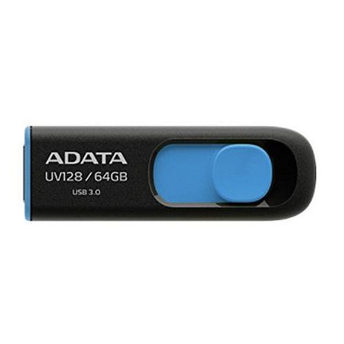 ADATA 64GB UV128 black and blue USB 3.0 memory pen drive, retractable and capless design ADATA 64GB UV128 black and blue USB 3.0 memory pen drive, retractable and capless design